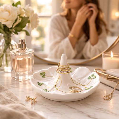 Belleek Classic Shamrock 4.4-Inch Ring Holder Dish, Handcrafted Parian China Jewelry Tray, Irish Decor, White