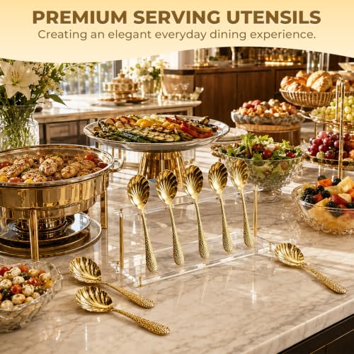 6 Pcs Shell Shape Serving Spoons, 9" Gold Serving Utensils, 304 Stainless Steel Serving Spoon for Buffet, Large Scalloped Spoon with Hammered Long Handle for Kitchen Restaurant Theme Party