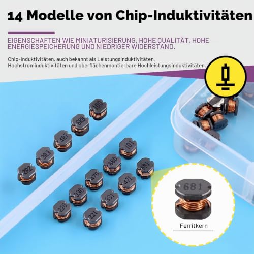 Swpeet 140pcs 14 Values 2.2UH.680UH CD54 Wire Wound SMD Power Inductor Assortment Kit, 5.8 mm Chip Inductors with 2.2UH 3.3UH 4.7UH 6.8UH 10UH 22UH 47UH 68UH 100UH 220UH 330UH 47UH 7UH 68 uh