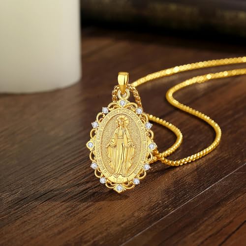 INFUSEU Mary Necklace Medal Miraculeuse Virgin Mary 18K Golden Pendant Protection Catholic Sacred Necklace Religious Jewellery Communion Christian Faith Gift for Women