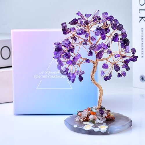 Natural Amethyst Healing Crystal Tree of Life with Agate Base, Handmade Spiritual Decor for Positive Energy, Meditation Gifts for Women, Mom, Home & Office Style-3