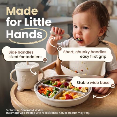 Stainless Steel & Silicone Toddler Feeding Set, 7 Piece Kids Dinnerware with Divided Plate, Bowl, Training Cup with Straw, Bib, Fork and Spoon, BPA‑Free, Food‑Grade for Children (Color Beige)