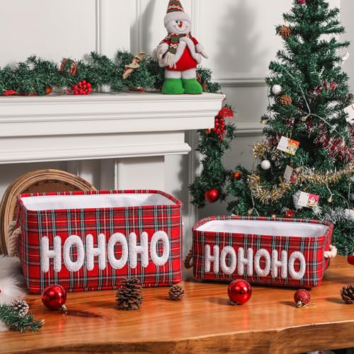 Christmas Baskets Gifts Baskets Empty Farmhouse Ornament Box Gift Storage Canvas Organizer Bin for Christmas Storage Organizing Xmas Gifts Baskets for Nursery/Living room, Kids Toy Chest, Large HOHOHO