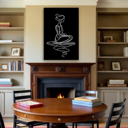 CCCHCY Minimalist Black and White Line Canvas Wall Art, Abstract Modern Zen Art Print, Meditating Woman Wall Decor, Serene Yoga Pose Artwork, Spiritual Home Décor for Living Bedroom, 16" x 24" Line Girl Wrapped Canvas 24"L x 16"W