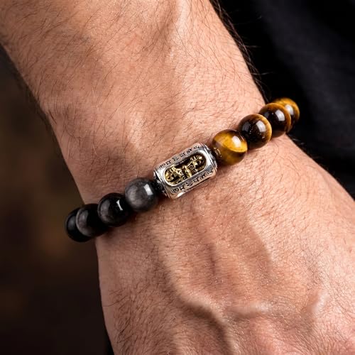 Mens 10mm Natural Tiger Eye & Silver Obsidian Bracelet - Tibetan OM Six-Character Mantra & Vajra Amulet - Healing Crystal Energy Meditation Bead Bracelet with Durable Elastic Cord, 7.9"