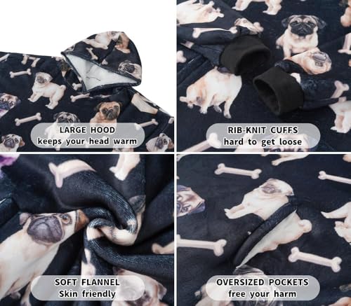 Huglanket Pug Gifts Wearable Blanket Hoodie, Oversized Wearing Blanket for Pug Lovers - Watercolor