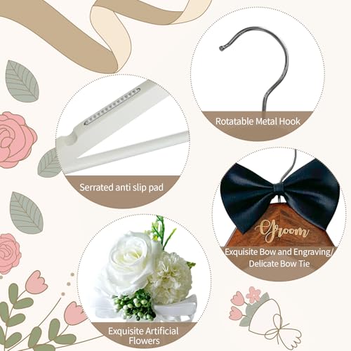 Groom Bride Hanger for Wedding Dress or Suit - 2 Pack Wedding Hangers Gifts Accessories - Bridal Hanger with Bow Tie & Exquisite Wrist Flower for Bridal Party White/Black
