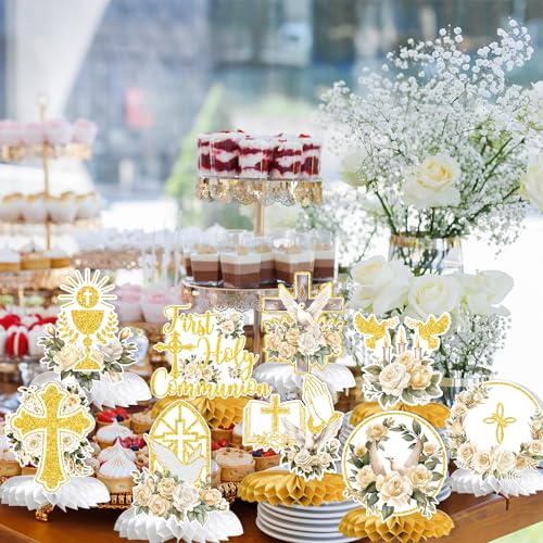 First Holy Communion Honeycomb Centerpieces, Baptism Decorations, God Bless Religious Party Table Decor, First Communion Table Centerpiece, Christening Baby Shower Party Decorations 9PCS
