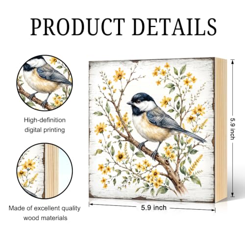 Chickadee Garden With Flowers Wood Block Plaque Box Sign 5.9 * 5.9 white076