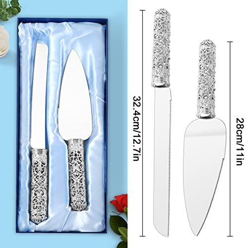 Wedding Silver Cake Knife and Server Set - 2 Pcs Dessert Set Metal Handle with Crystal Stones Decoration for Wedding, Anniversary Party Birthday Banquets, Gifts for Bride and Groom A SILVER