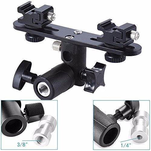 EXMAX E2 Adjustable Double Flash Bracket Dual Hot Shoe Speedlight Stand Umbrella Holder Light Stand Bracket Mount 1/4" to 3/8'' for Studio Video DSLR Camera