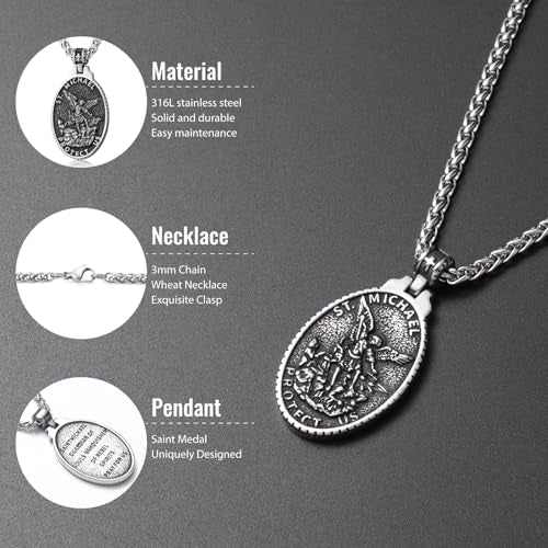 Mens St Michael Christopher George Benedict Necklace Stainless Steel Silver Virgin Mary Pendant Necklaces Chain Jewellery for Men Women 60cm