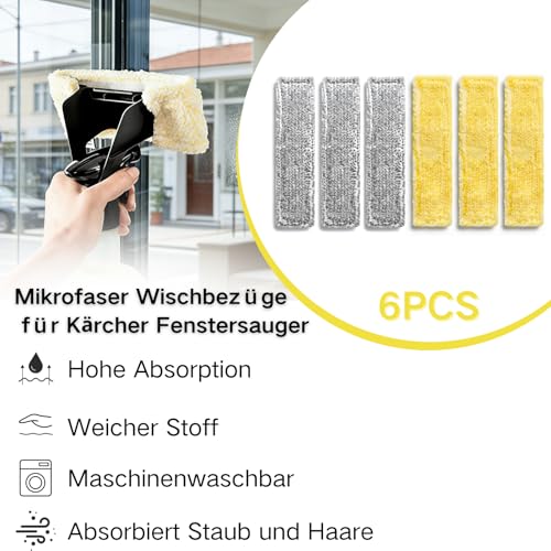 Pack of 6 Replacement Pads Compatible with Kärcher Window Vacuum Cleaner Replacement Parts, Window Vacuum Cleaner Accessories, Microfibre Mop Covers, Suitable for Kärcher Window Cleaner WV2 WV5 WV6