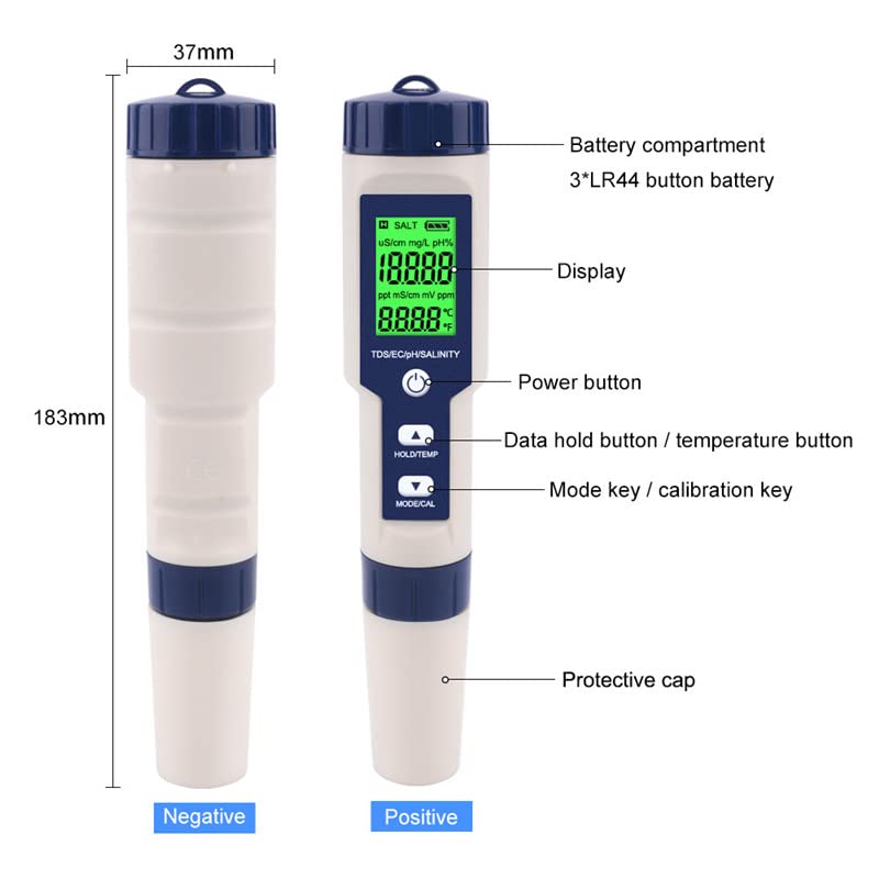 [Australia - AusPower] - 5 in 1 PH Meter Gomass 0.01 High Accuracy ph Tester Digital for Water TDS/EC/Salt/Temp/PH Pen, PPM Meter Water Tester Drinking Water, Hydroponics, Plants, Aquarium and Pool blue 