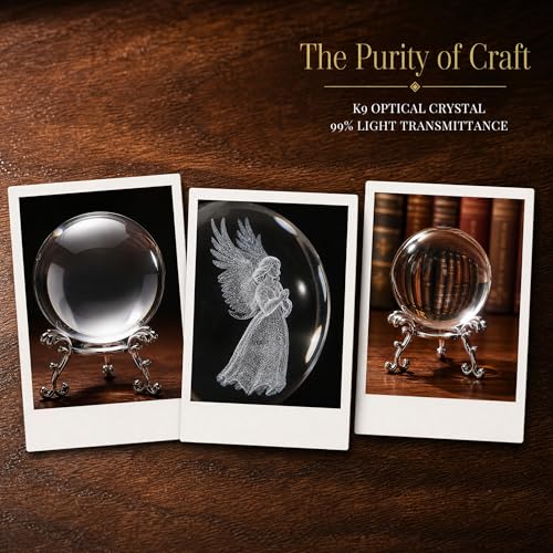 2 Pcs Crystal Ball with Silver Stand - 3D Laser Engraved Guardian Angel & Clear Glass Sphere Paperweight, Healing Crystal Figurine for Home Decor, Wedding & Angel Lovers Gift Clear&angel
