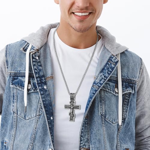Flonge Vintage Orthodox Cross Necklace: Eastern Orthodox Cross Necklace Stainless Steel Cross Pendant Crucifix Necklaces silver