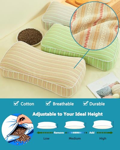 Edomi buckwheat pillow with green cotton cover, adjustable firmness, designed for pain relief and deep sleep support.