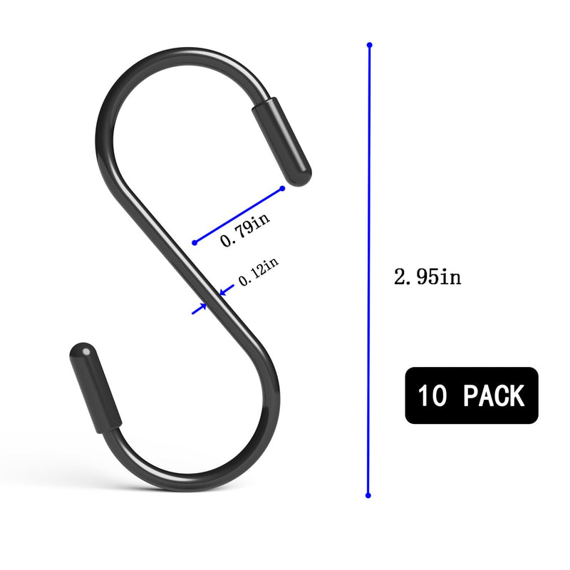 [Australia - AusPower] - 10 Pack 3" Heavy Duty Vinyl Coated S-Hooks for Hanging Plants, Closets, Gardens, Bird Feeders, Clothes, Hats, Bags, Pots (Black) 10 Black 