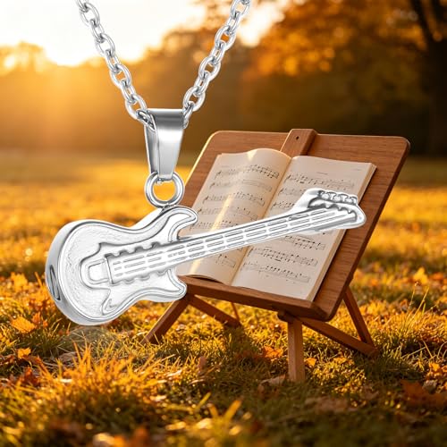 Guitar Cremation Jewelry for Ashes, Stainless Steel Guitar Shaped Urn Necklace for Men Women, Music Memorial Keepsake Pendant with Screw-Thread Chamber for Loved One Silver