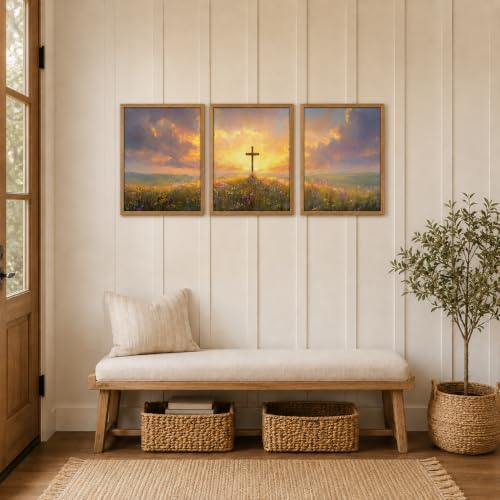 Religious Canvas Wall Art 3Pcs Framed Sunset Cross Landscape 16x12 Inch Cross Sunset 023 16"L x 12"W