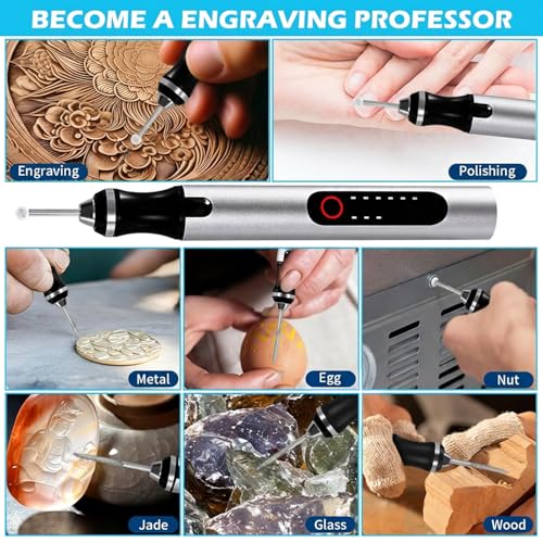 Cordless Engraving Pen, 3-Speed Electric Engraving Tool Kit, Engrave 50+ Surfaces, with 30 Small Drill bits, 5 Grinding Accessories and 16 Engraving Templates, USB Charging for Soft Wood Resin Stone J