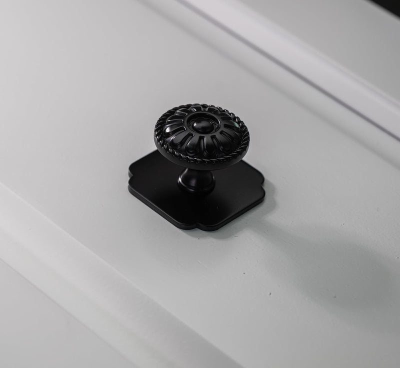 trust4care 20-Pack Euro-Style Matte Black Cabinet Knobs, 1.25 Inch Round Zinc Drawer Knobs with Victorian Floral Pattern, Farmhouse & Vintage Kitchen Dresser Furniture Handle Hardware