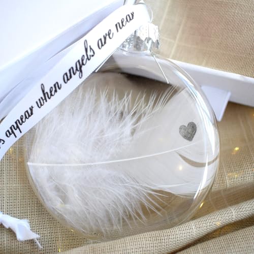 Heart Stamped Real White Feather in Glass Round Bauble. Gift Boxed Christmas Tree Hanging Decoration. Spiritual Angel Gift