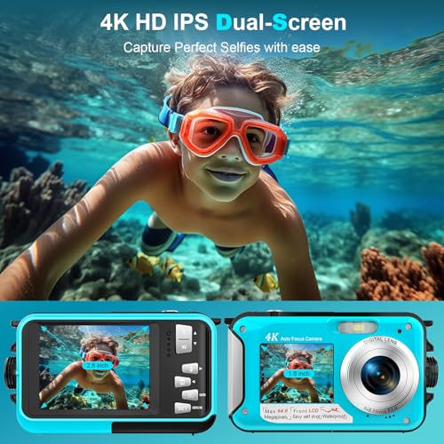 4K 64MP Underwater Camera 16FT Compact Digital Waterproof Camera Floatable Blue