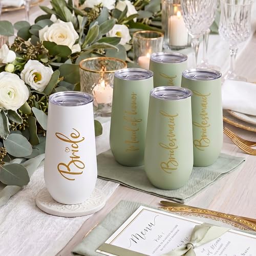 ELEGANTPARK Bridesmaid Proposal Gifts, Sage MOH Champagne Flutes Set of 5 Sage Set-Bride+Maid+Bridesmaid x 3