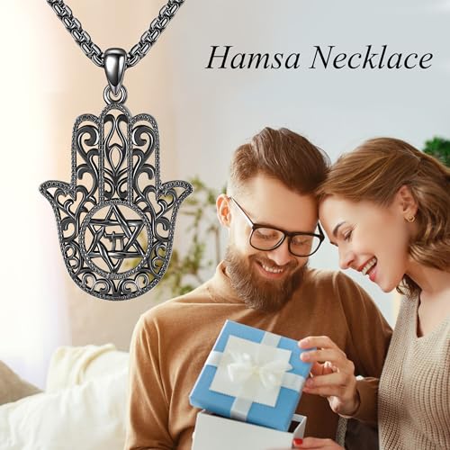 DAYLINLOVE Hamsa Necklace For Men 925 Sterling Silver Star Of David Necklace Chai Necklace Hamsa Hand Pendant Jewish Jewelry Religious Gifts For Men Women