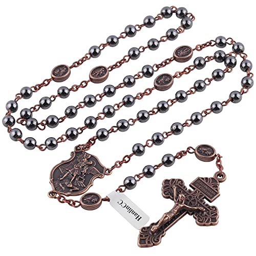 HanlinCC Catholic Rosary Necklace Saint Michael Medal Hematite Stone Beads Anti-Copper St.Michael Rosary