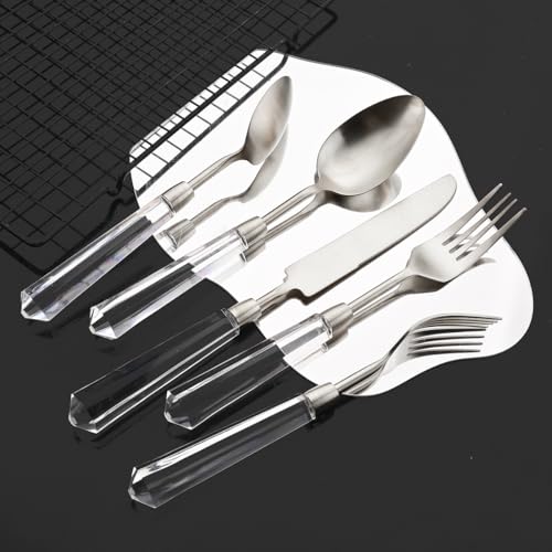 JASHII 5pcs Silver 304 Stainless Steel Flatware Cutlery Set with Transparent Acrylic Handle Diamond Shape, Matte Knife Fork Spoon Set, Dishwasher Safe for Home Wedding Hotel Silver - Service for 1