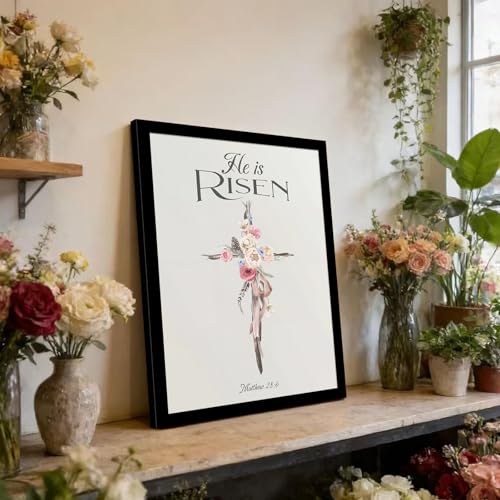 Christian Wall Art He Is Risen, Floral Cross Bible Verse Canvas Print 12"L x 16"W