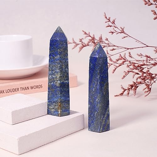ZHIYUXI 3.7-4" Lapis Lazuli Healing Crystals Wands Crystal Tower Hexagonal Pointed Crystal Wand Stone Large Crystals Reiki Energy Balancing Meditation Therapy Gemstones Decoration Gifts 1 Pc