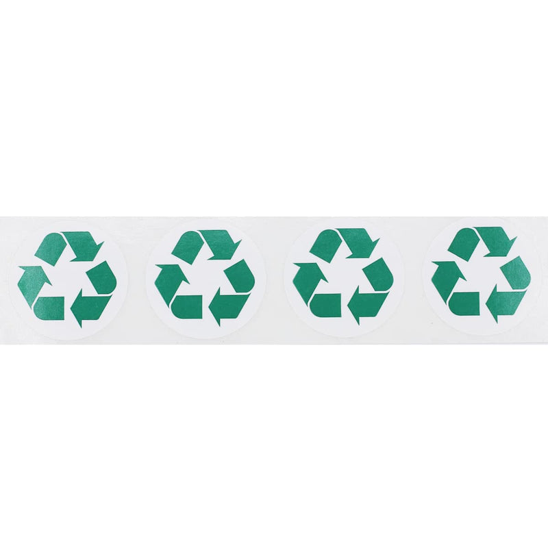 White and Green Recycle Logo Stickers 1.5 Inch Round Labels for Packaging Waste Sorting Recycling Bins School Office and Eco Friendly Projects 500 Adhesive Semi Gloss Stickers Per Roll Made in the USA