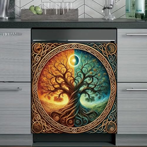 2D Flat Celtic Tree of Life Sun and Moon Dishwasher Cover 23x26 Inch Day and Night Panel Decal Washer Refrigerator Door Cover Kitchen Appliance Decorative Spiritual Symbolic Home Decor Style 2