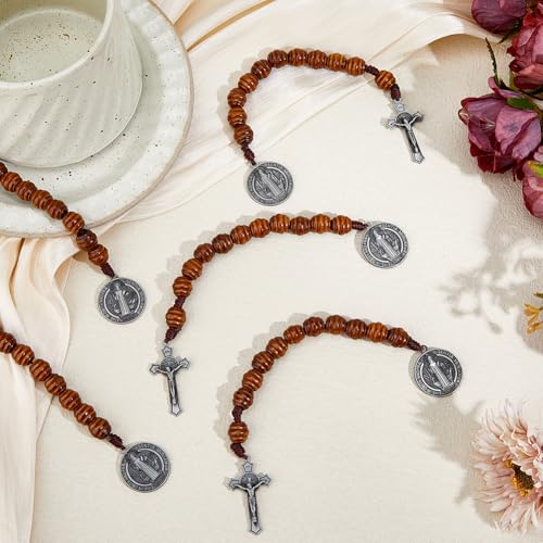 DICOSMETIC 4Pcs Saint Benedict Medal Pocket Rosary Open Style One Decade Rosary Wood Beads with Medal and Crucifix Catholic Christian Religious Gift for Men Women, 19.7cm Gunmetal