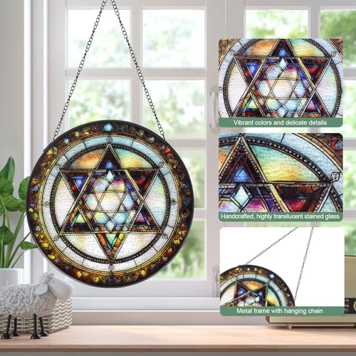 Star of David Stained Glass Window Hanging Suncatcher with Chain - 7.9" Outdoor/Indoor Art Decor for Home Garden, Thanksgiving, Wedding, Mother's, Valentine's & Christmas Ornaments Present Star of David