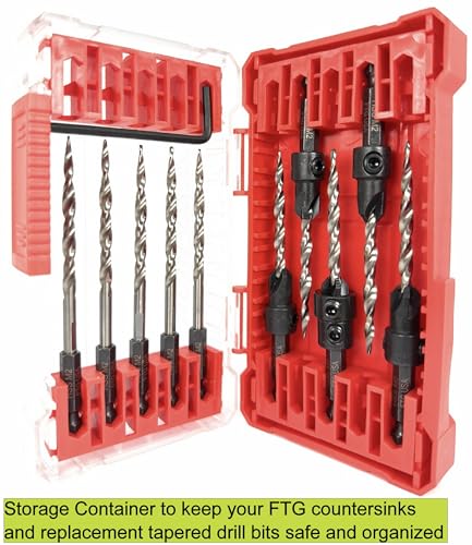 FTG USA 5-piece #8 countersink drill bit set with 5 countersinks and replacement bits