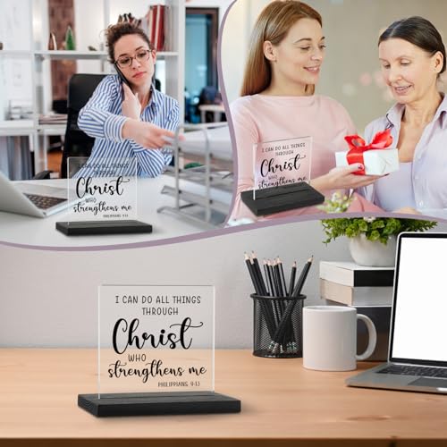 I Can Do All Things Through Christ Clear Desk Decorative Sign, Inspirational Home Office Decor Plaque, Christian Bible Verse Acrylic Signs Gift for Mom Family Women Friends TZJ52 I Can Do All Things Through Christ