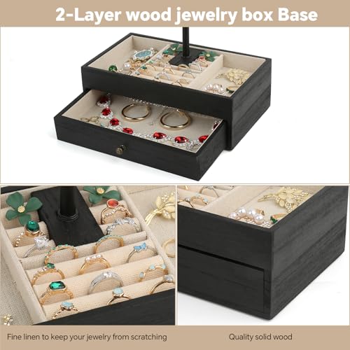 Meangood Jewelry Organizer Stand, 3-Tier Necklace Holder Jewelry Tree with Wooden Storage Drawer Box for Necklace Bracelet Earring Ring,Black Dark Black