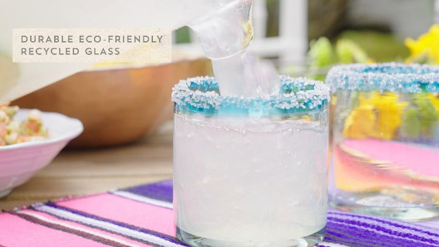Segunda Vida Primavera Hand Blown Short Tumblers, Recycled Drinking Glasses with Blue Rim for Margarita, Tequila, Cocktails, Iced Drinks, Birthday Gifts for Women, Mexican Glassware, 12 oz, Set of 2 Cocktail Glasses