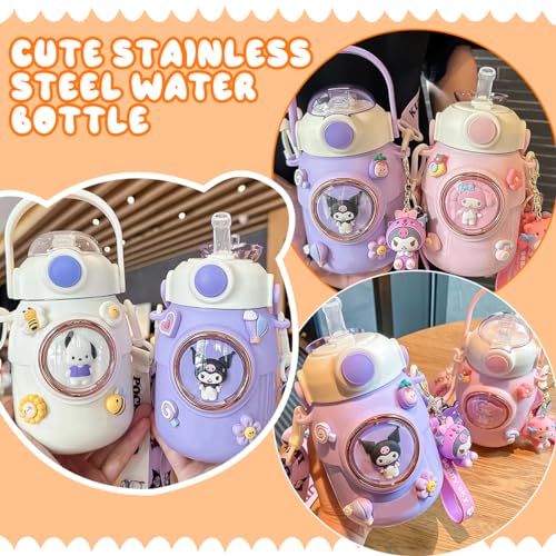 Cute Stainless Steel Water Bottle with Portable Stylish Perfect Sport Set, Vacuum Insulated Bottles 24.6oz (Pink) Pink