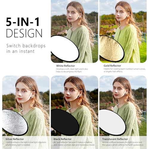 PULUZ 32inch/80cm Light Reflector Diffuser 5 in 1 Collapsible Multi Disc with Bag - Translucent, Silver, Gold, White and Black for Studio Photography Lighting Outdoor 80cm/32inch