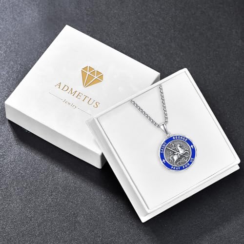 ADMETUS Sterling Silver St George Necklace for Men Blue Enamel Saint George and Dragon Medal Amult Pendant Protection Jewelry Religious Gifts