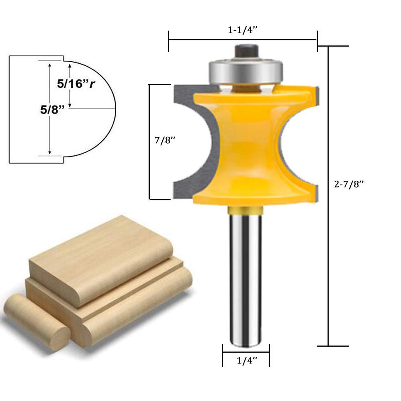 TAIWAIN 5PCS Router Bit Set Woodworking Cutter 1/4 Inch Shank, Half Round Bearing Bullnose Milling Door Cabinet Drawer Cutter Bits, Carbide Tipped Round Edge Cutting Ball Blade Radius(G1-G) G1-G