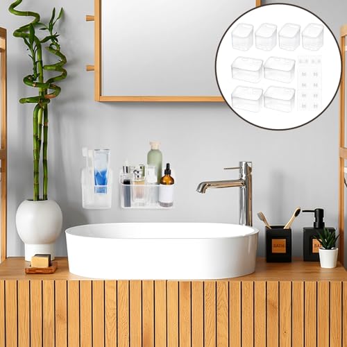 Set of 8 clear wall-mounted shower caddy baskets for bathroom storage by Zyghjort, showing the open wire design and mounting hooks.