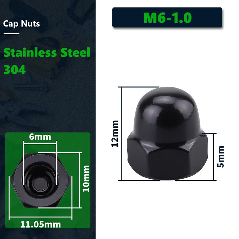 [Australia - AusPower] - M6-1.0 (50 Pack) Stainless Steel Cap Nuts, Metric Acorn Cap Head Nuts, Stainless Steel 304 (18-8), UNC Coarse Thread, Black Coated M6-1.0 50 