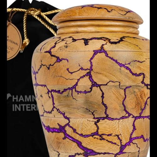 Wooden Cremation Urn for Human Ashes Adult – Premium Handcrafted Funeral Urn Box for Burial, Funeral & Home Memorial | Durable Keepsake Memorial Urn with Purple Resin Accent, 30 cu in