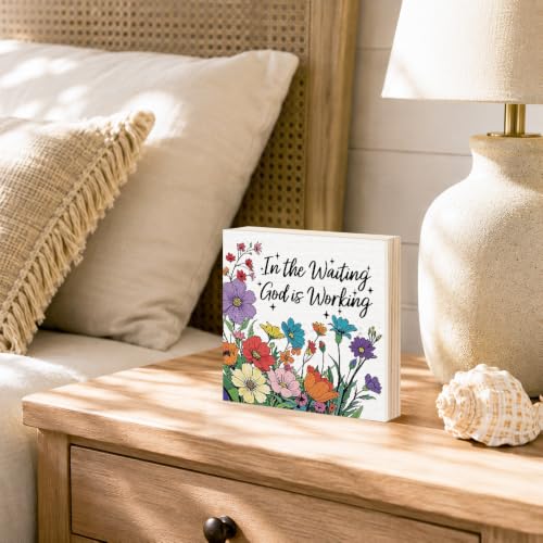 In the Waiting God Is Working Wooden Box Sign, Floral Plaque White 2